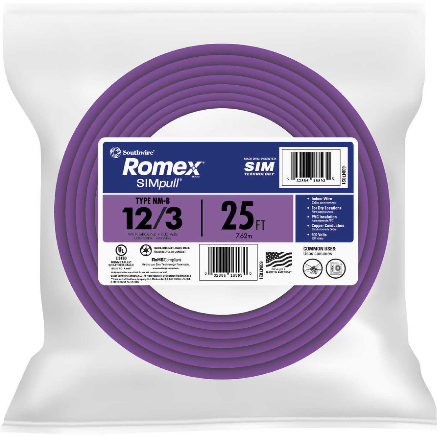 Romex 25 Ft. 12/3 Solid Purple NMW/G Electrical Wire Image 1