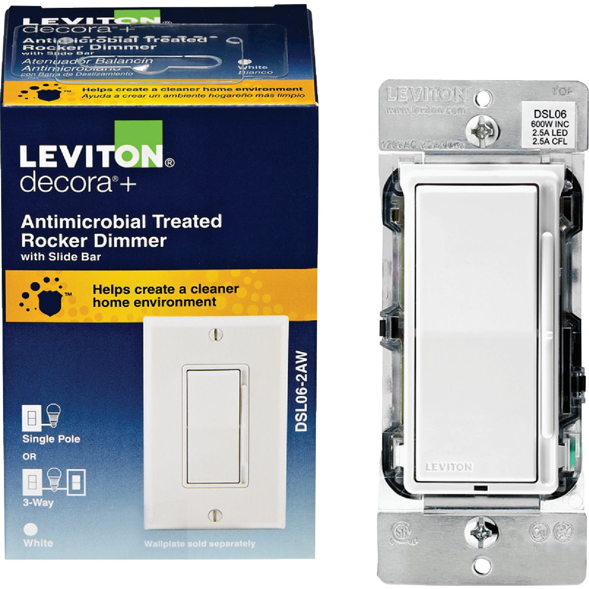 Leviton Decora Incandescent/Halogen/LED White Antimicrobial Treated Rocker Slide Dimmer