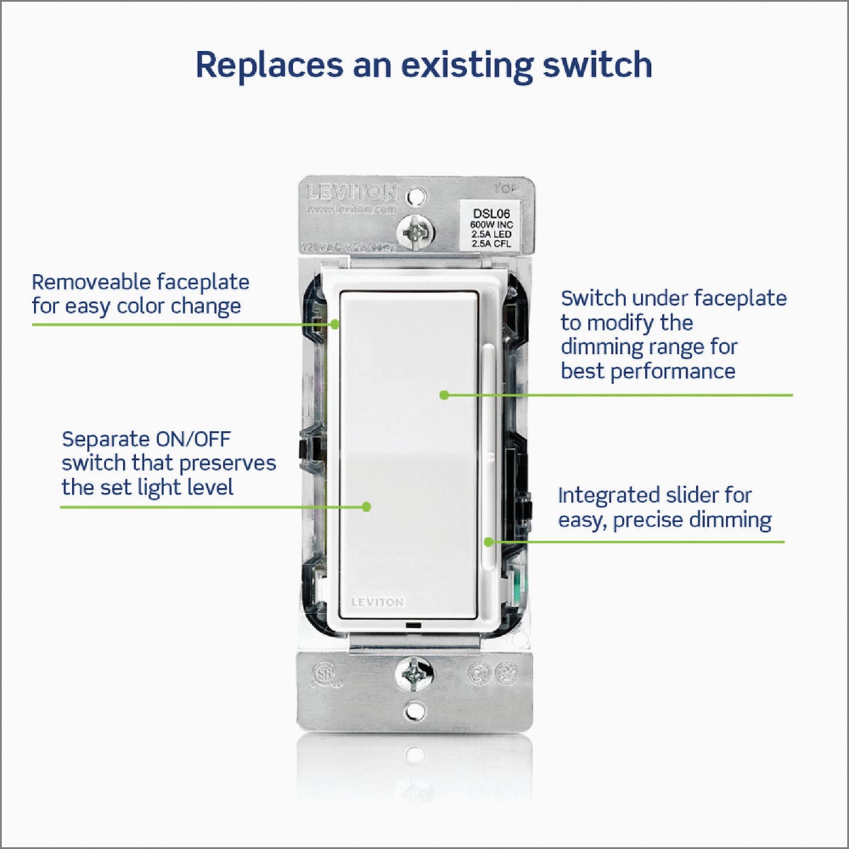 Leviton Decora Incandescent/Halogen/LED White Antimicrobial Treated Rocker Slide Dimmer Image 3