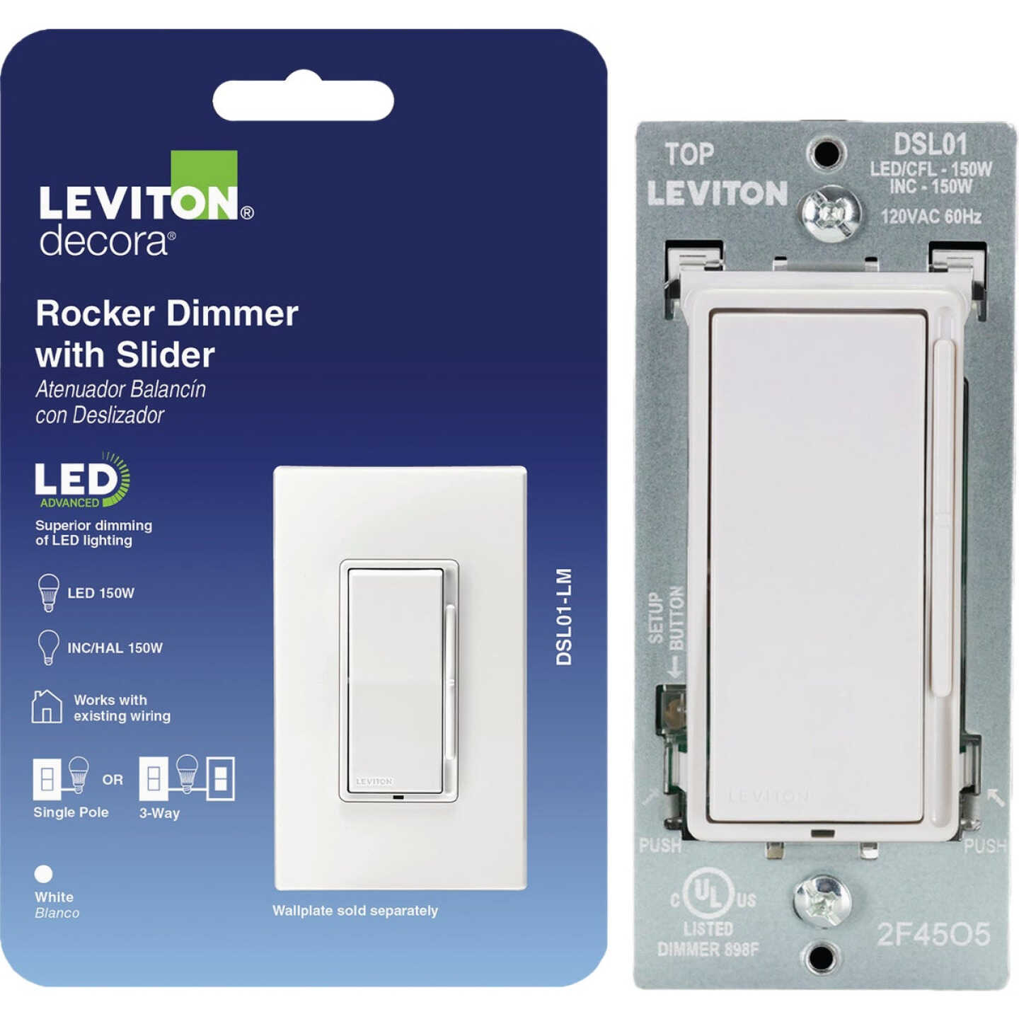 Leviton Decora LED/CFL/Incandescent White Rocker Dimmer with Slide Bar Image 1