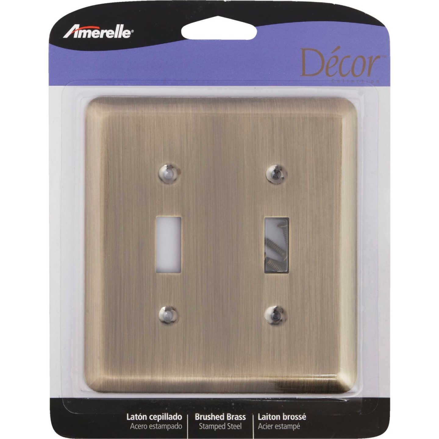 Amerelle 2-Gang Stamped Steel Toggle Switch Wall Plate, Brushed Brass Image 2