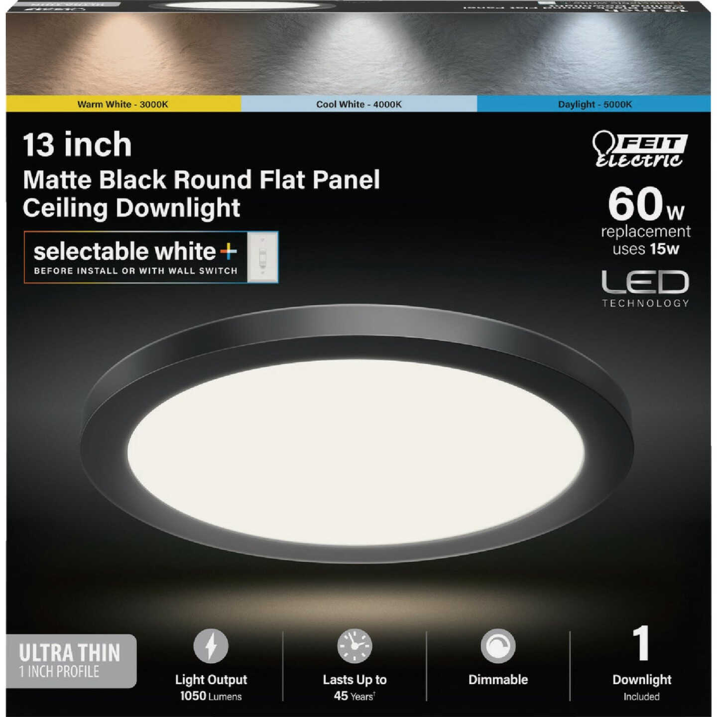 Feit Electric Edge-Lit 13 In. Matte Black Round Disc 4-Way LED Flush Mount Light Image 2