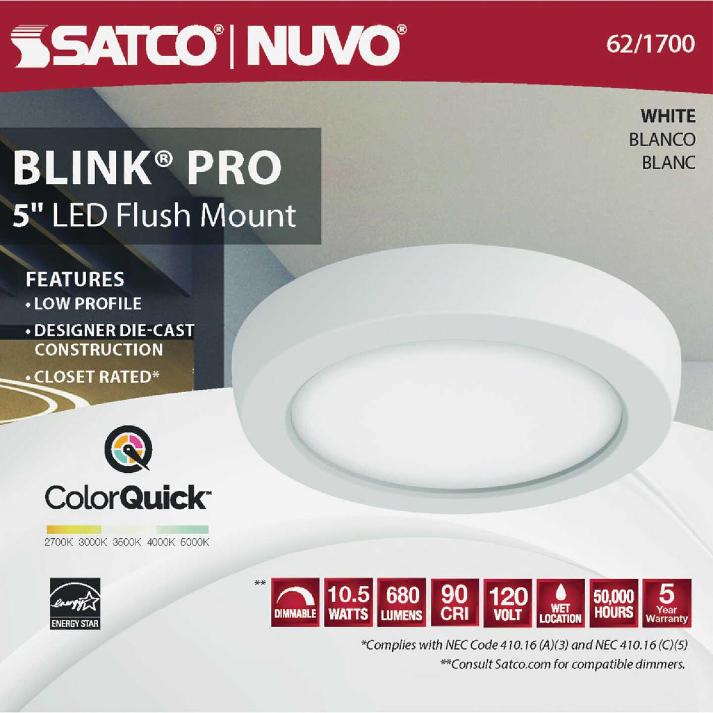 Satco Blink Pro 5 In. White 680 Lm. CCT-Selectable LED Flush Mount Light Fixture Image 4