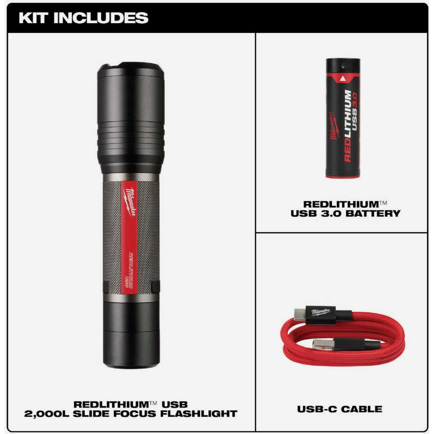 Milwaukee REDLITHIUM 2000 Lm. LED USB Slide Focus Flashlight Image 2