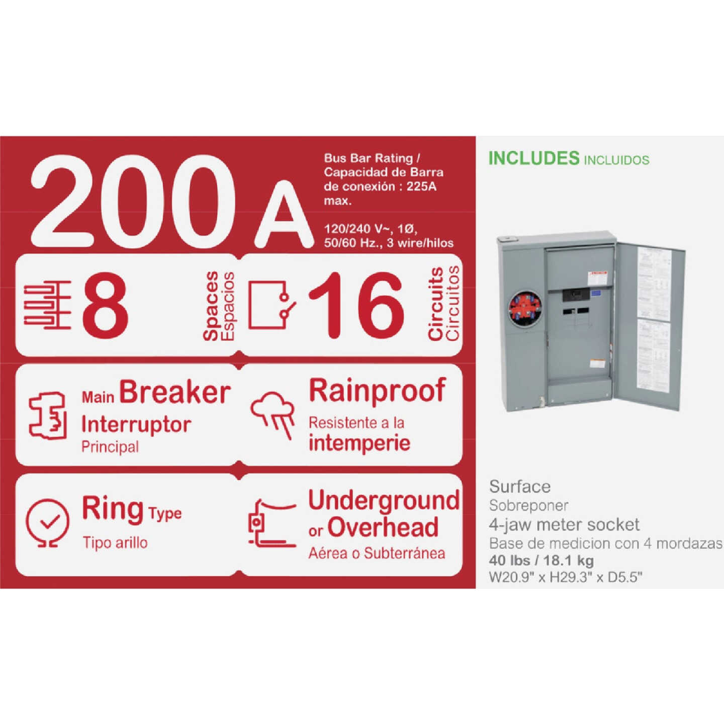 Square D HOM 200A 8-Space 16-Pole Rainproof Plug On Neutral Outdoor Meter Breaker Panel Image 2