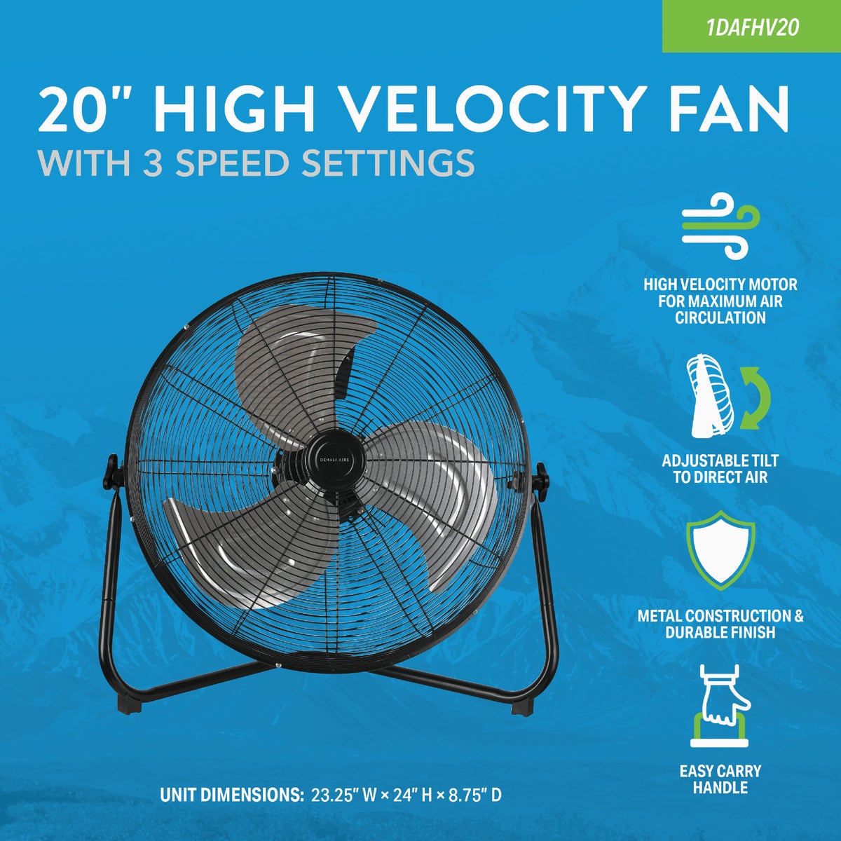 Denali Aire 20 In. Black 3-Speed High Velocity Floor Fan Image 3