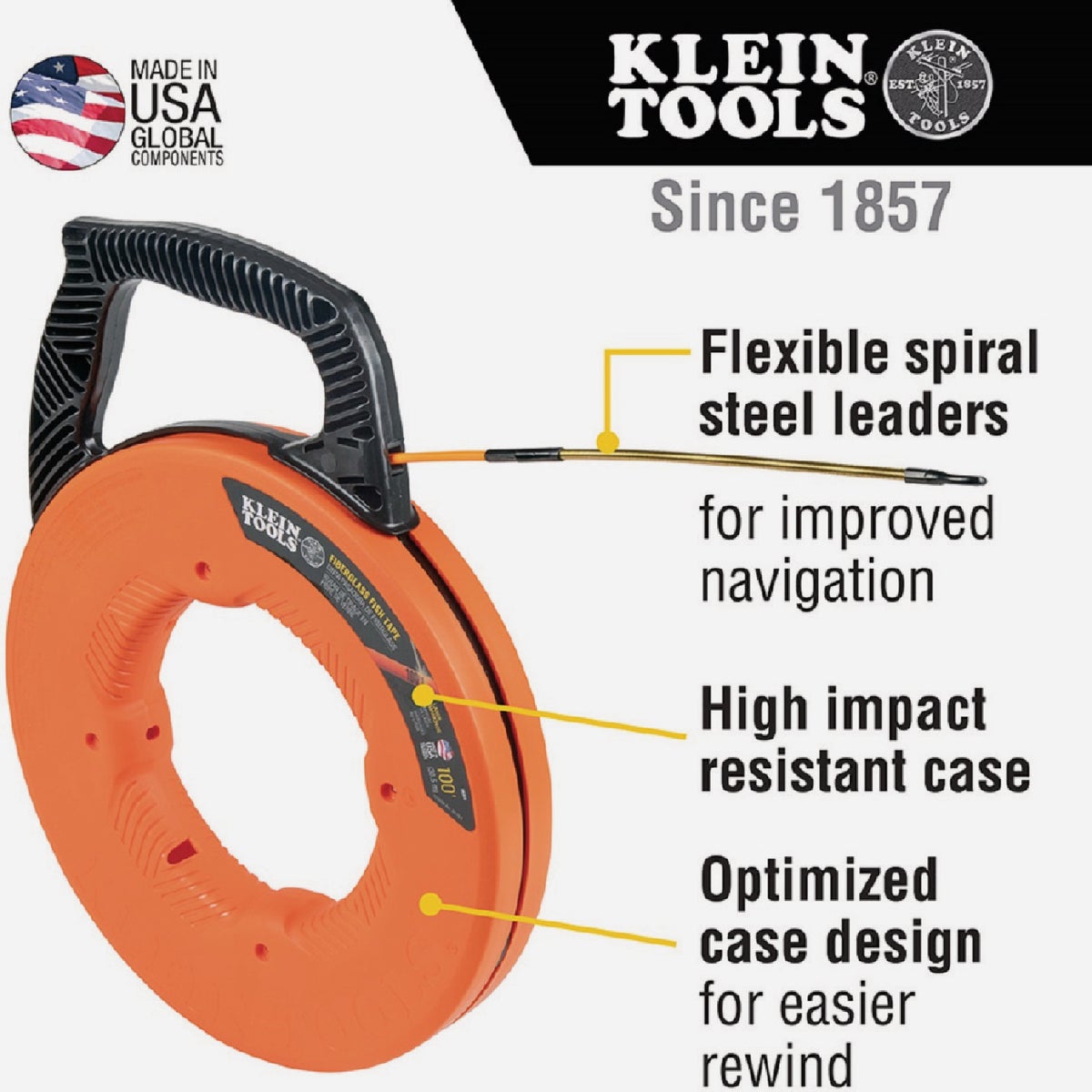 Klein 3/16 In. W. x 100 Ft. L. Fiberglass Fish Tape with Spiral Steel Leader Image 2
