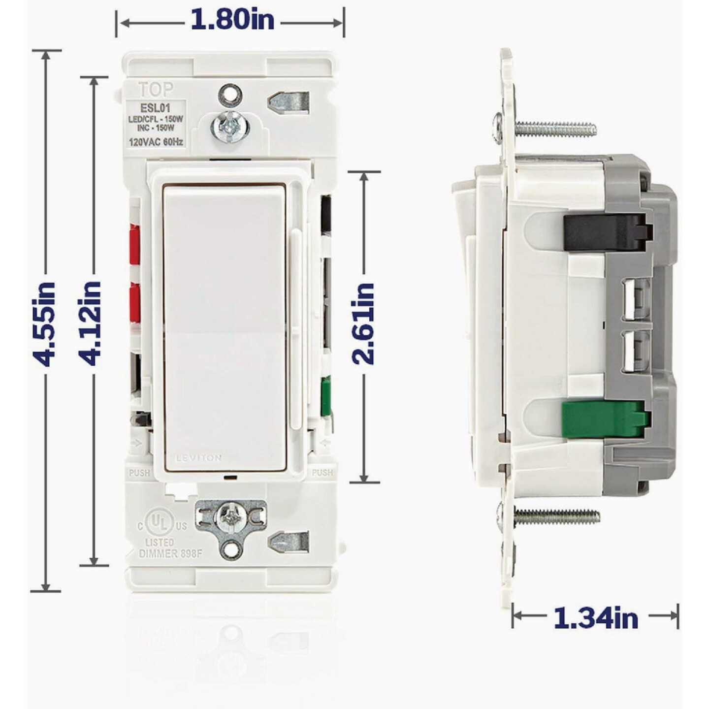 Leviton Decora Lever Edge Incandescent White Rocker Slide Dimmer Switch Image 6