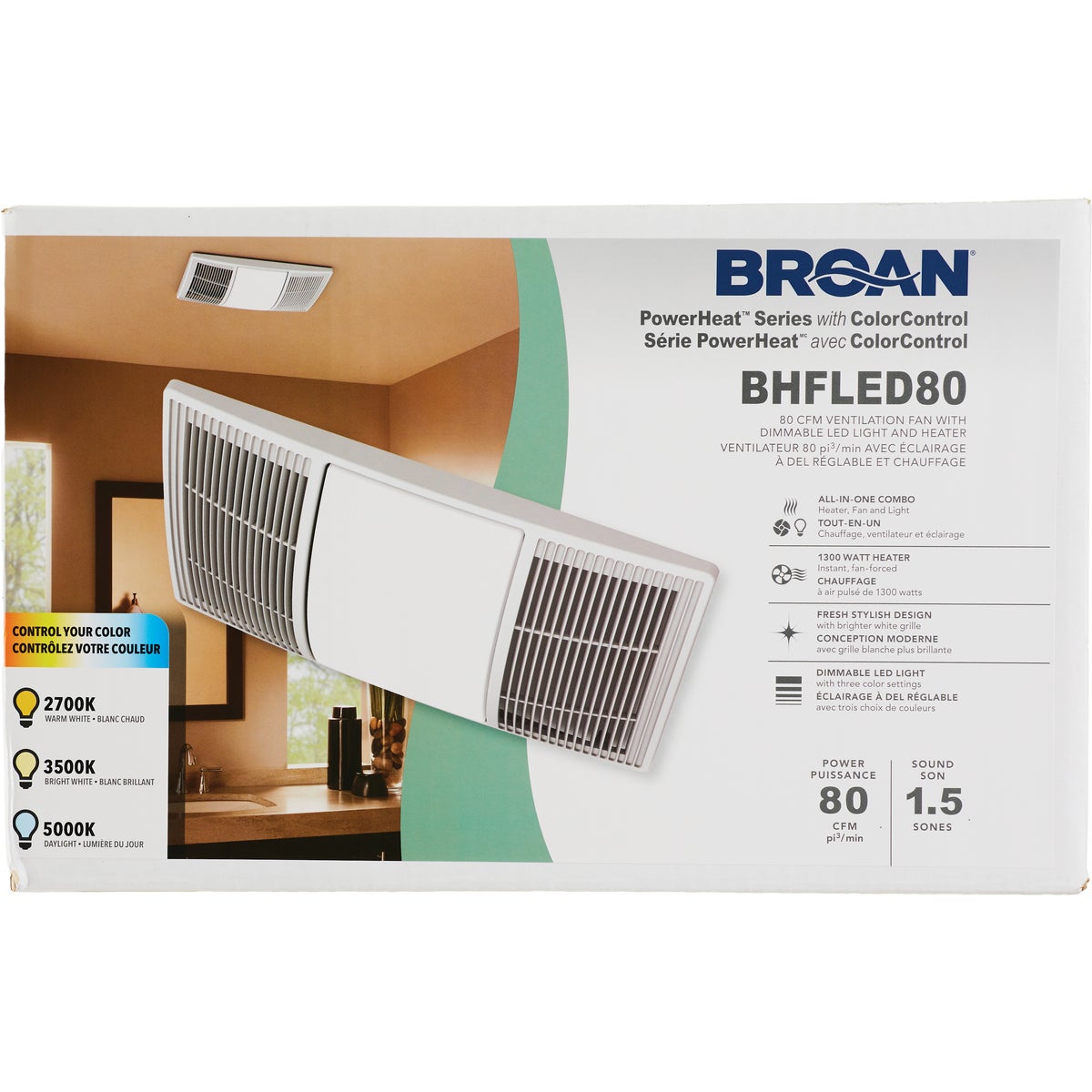 Broan-NuTone PowerHeat 80 CFM 1.5 Sones 120V Bath Exhaust Fan with Heater & CCT LED Light Image 2