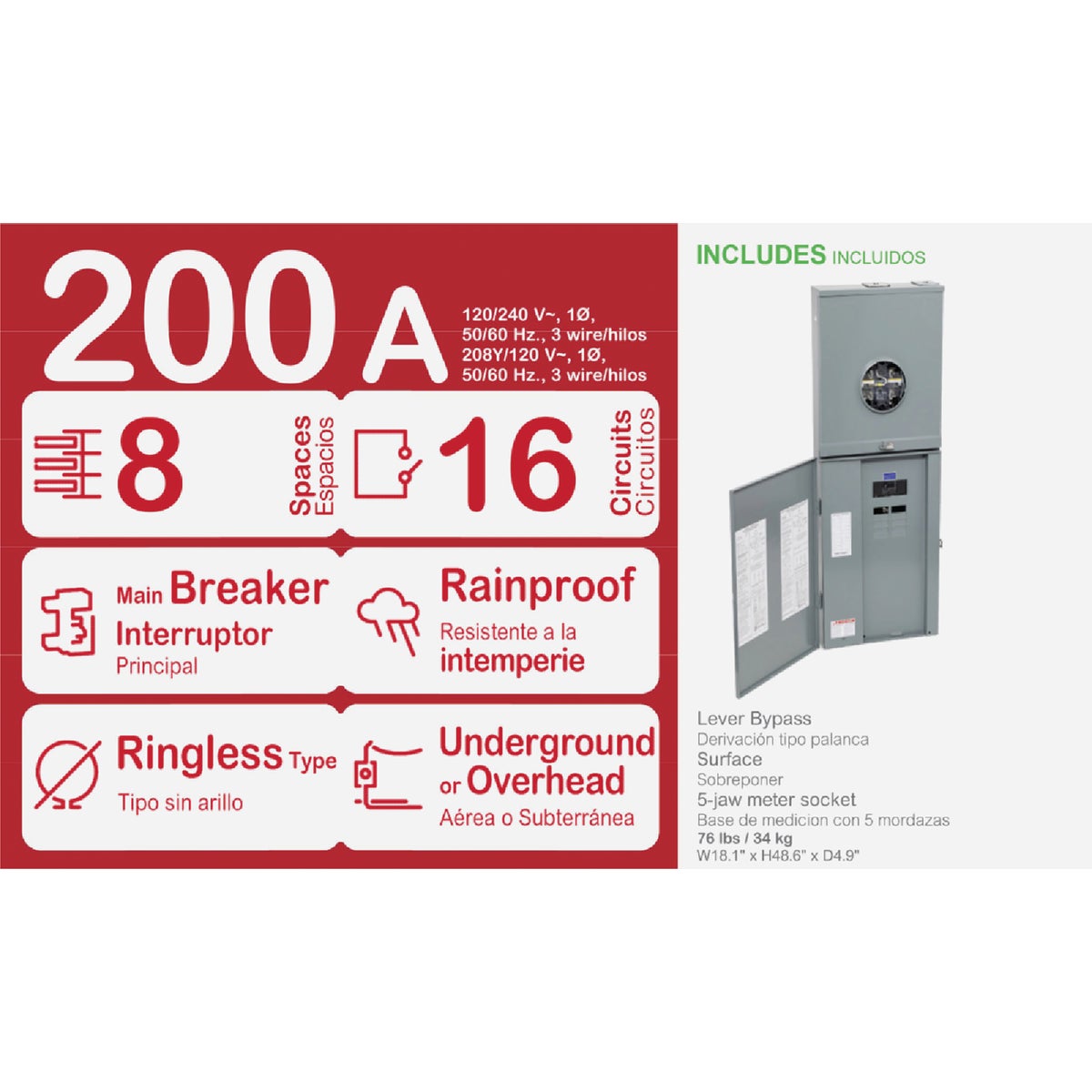Square D Homeline 200A 8-Space 16-Circuit Outdoor Combination Meter Socket & Main Breaker Load Center Image 2