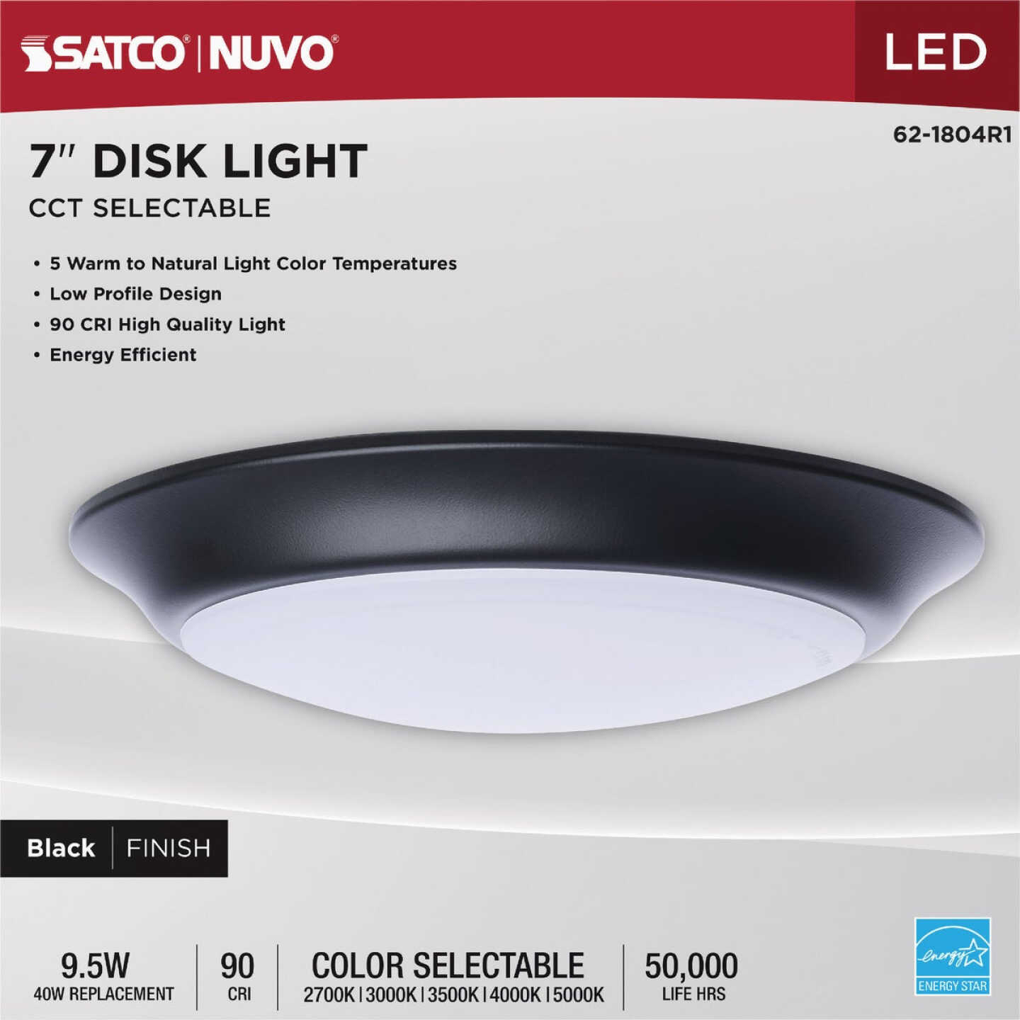 Satco Nuvo 7 In. Black 60W Equivalent LED CCT-Selectable Disk Flush Mount Ceiling Light Fixture Image 4