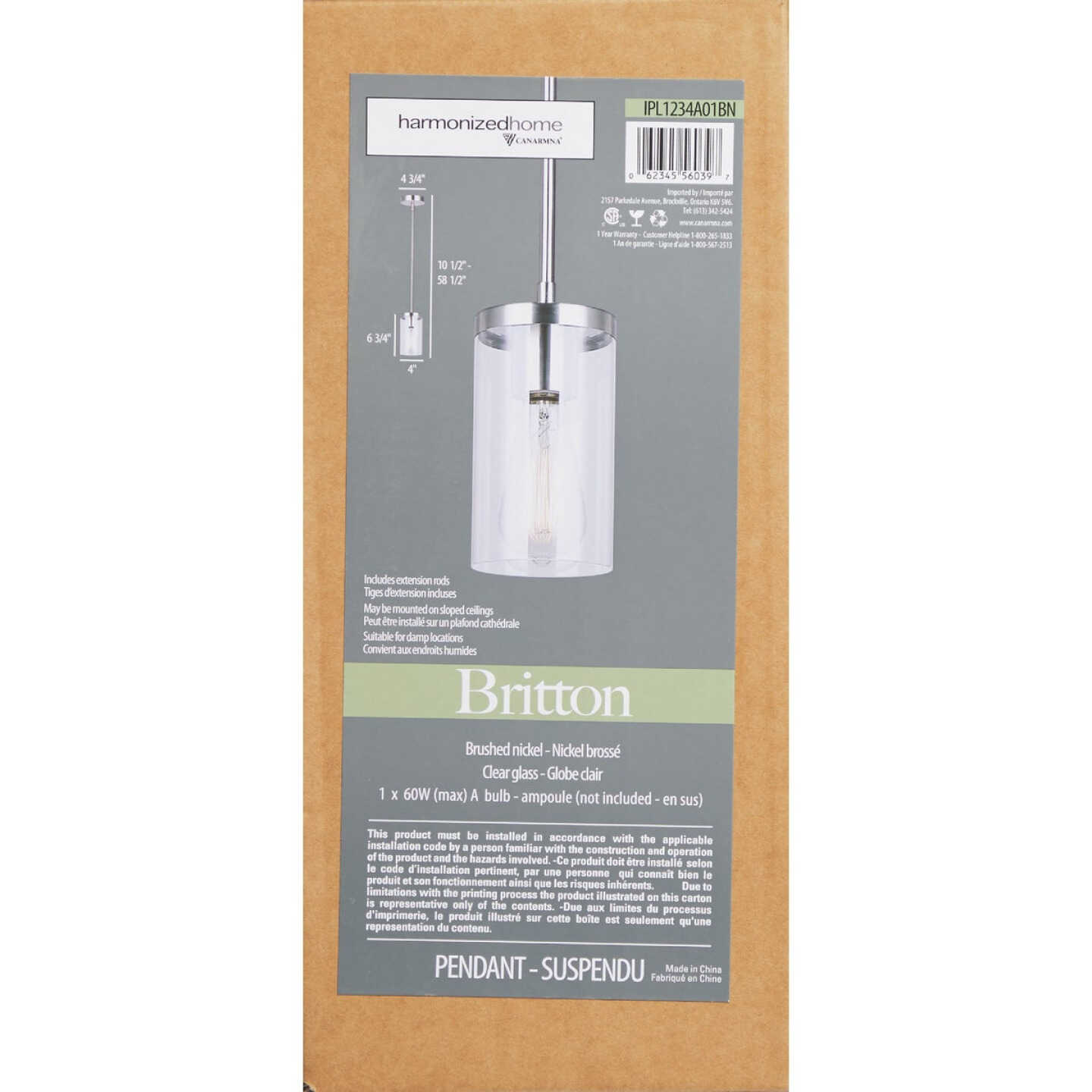 Canarm Britton Brushed Nickel Pendant Light Fixture, Clear Glass Image 4