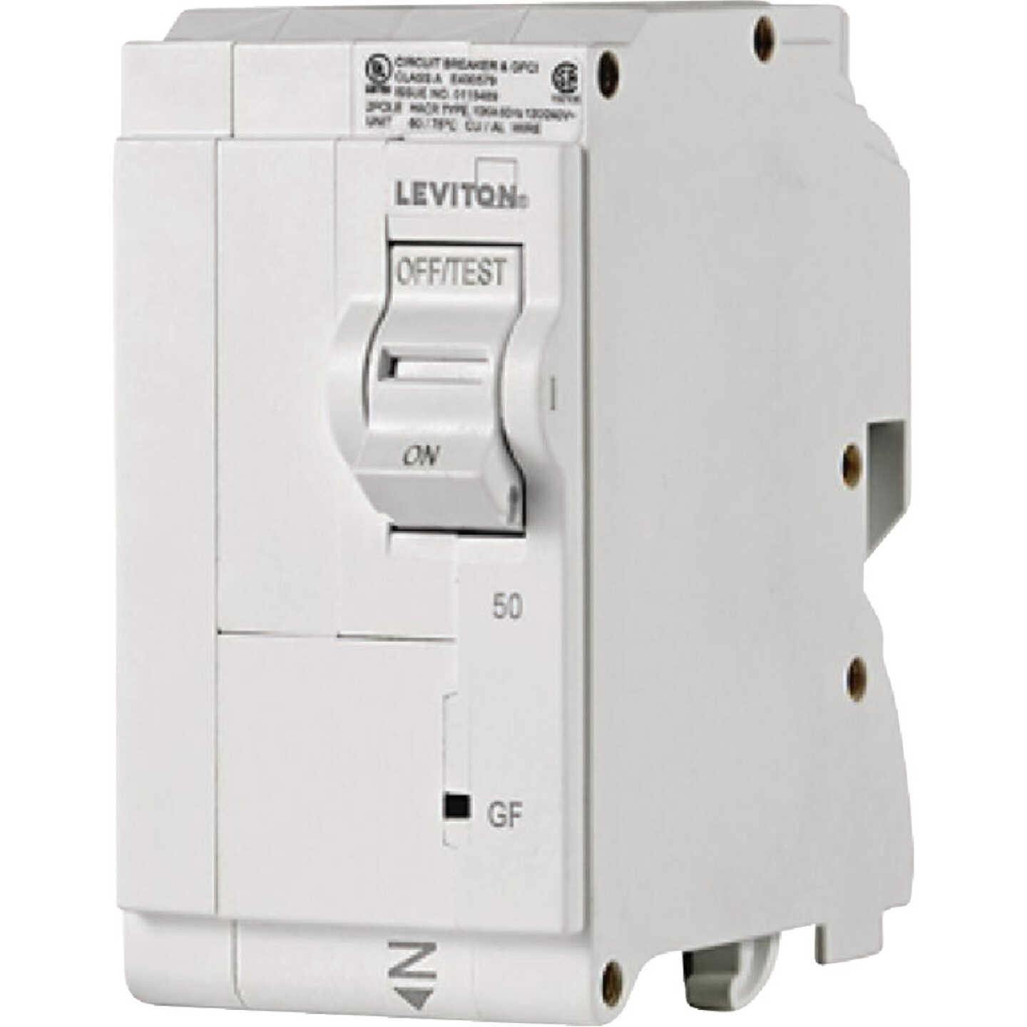 Leviton 50A Double-Pole Plug-On GFCI White Branch Circuit Breaker Image 1