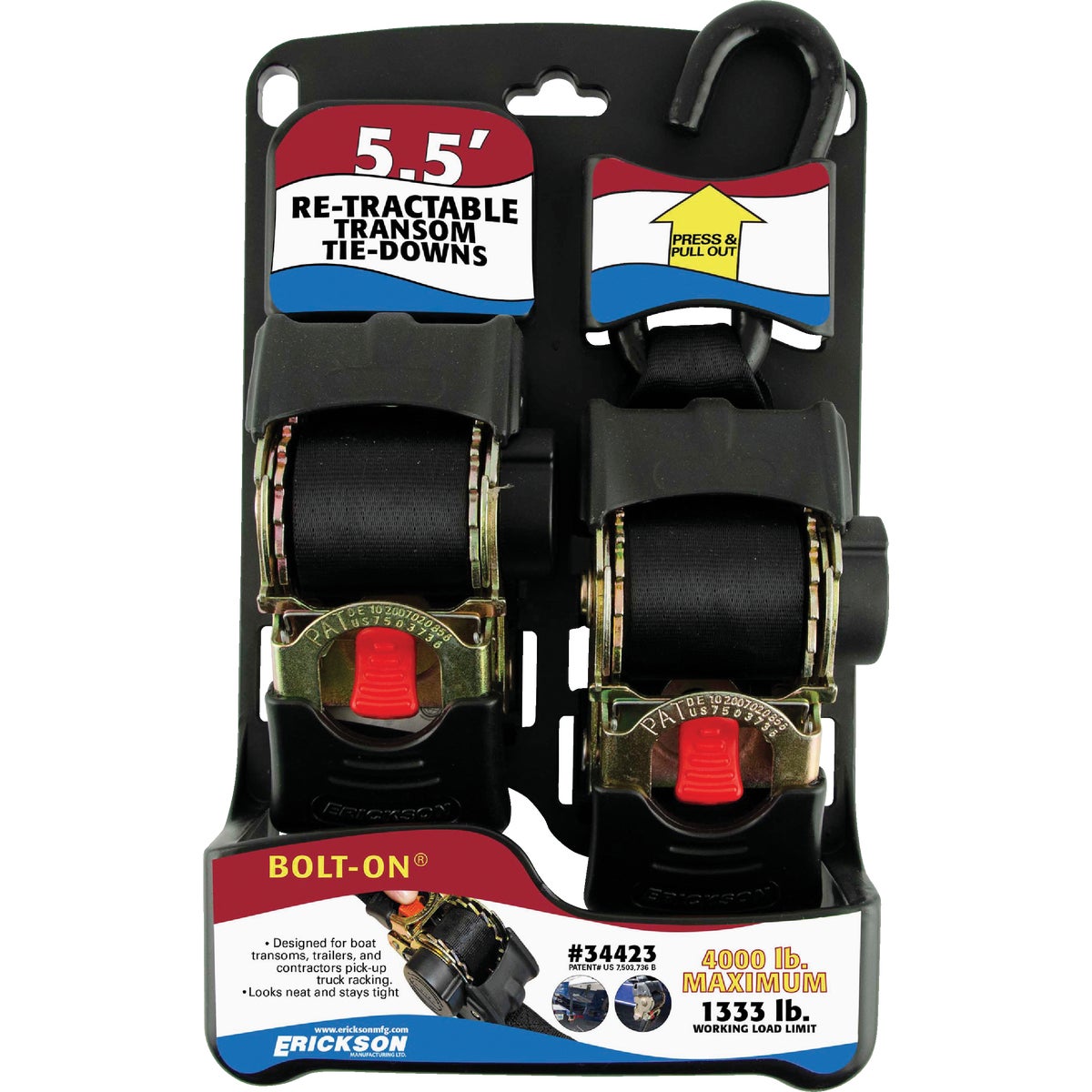 Erickson 2 In. x 5-1/2 Ft. 1333 Lb. Bolt-On Re-Tractable Transom Tie-Down (2-Pack) Image 4