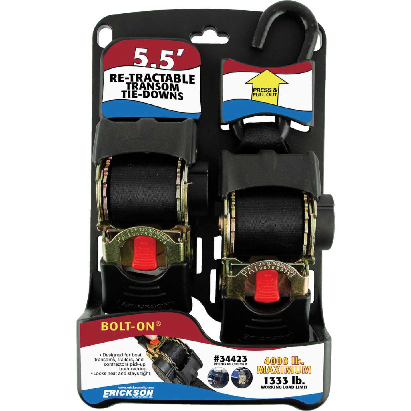 Erickson 2 In. x 5-1/2 Ft. 1333 Lb. Bolt-On Re-Tractable Transom Tie-Down (2-Pack) Image 4