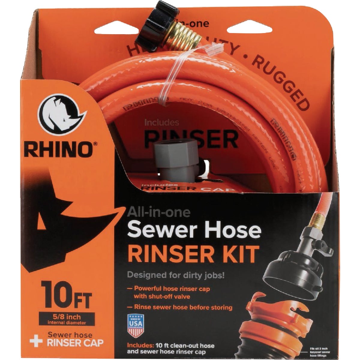 Rhino 5/8 In. Dia. 10 Ft. All-in-One Sewer Clean Out Hose with Rinse Cap Image 1