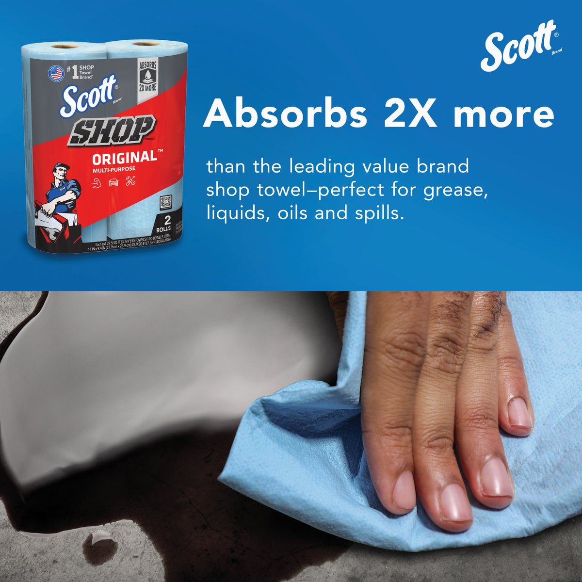 Scott 11 In. W x 9.4 In. L Disposable Original Shop Towel, (2-Roll/110-Sheets) Image 3