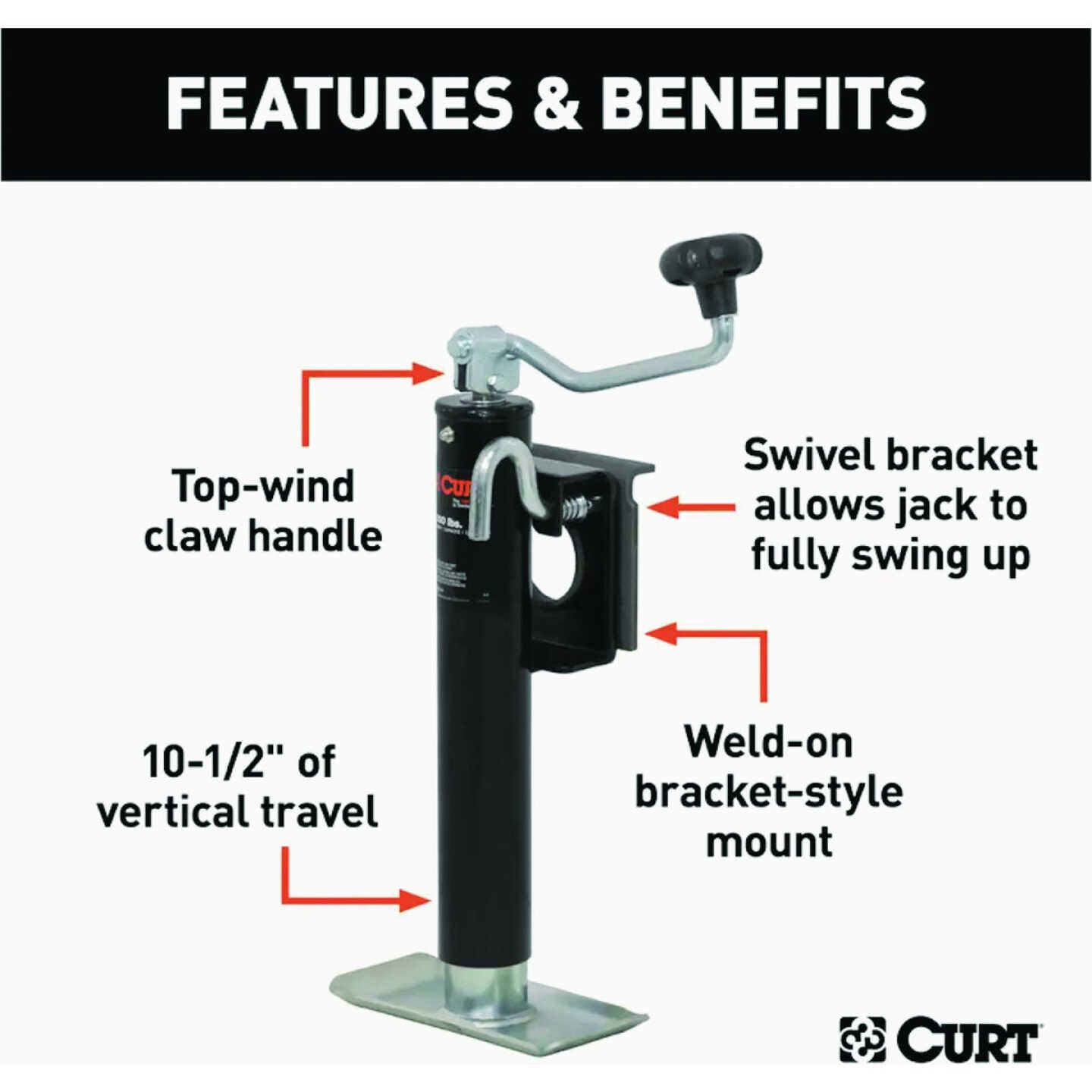 Curt 2000 Lb. Bracket-Mount Swivel Jack With Top Handle, 10 In. Travel Image 2