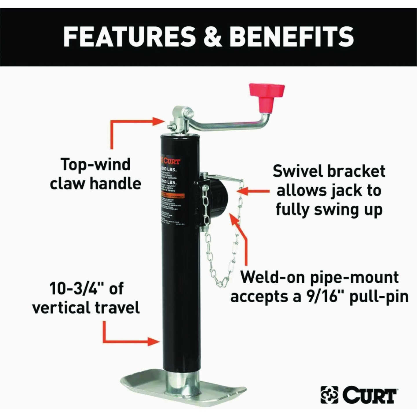 CURT 5000 Lb. Pipe-Mount Swivel Trailer Jack with Top Handle, 10 In. Travel Image 2