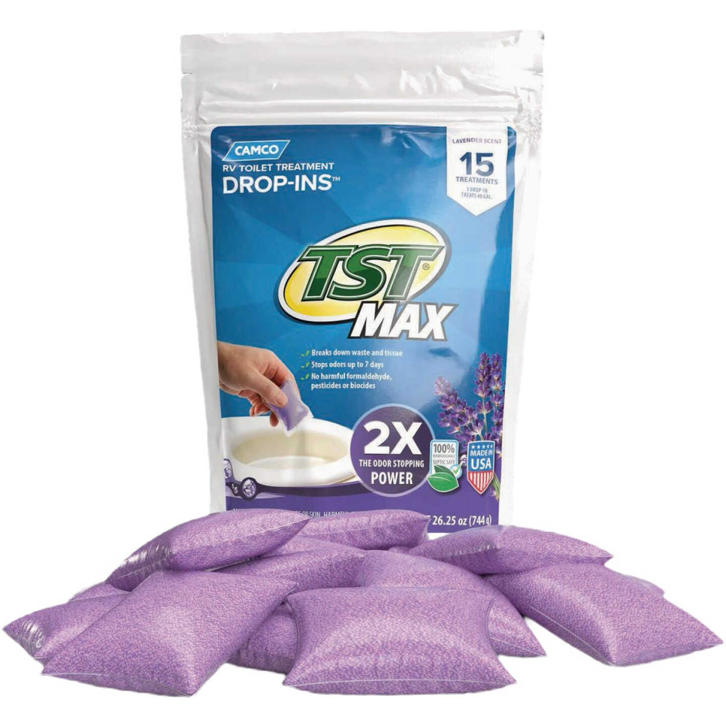 Camco TST MAX RV Toilet Treatment Drop-Ins, Lavender (15-Ct.) Image 1