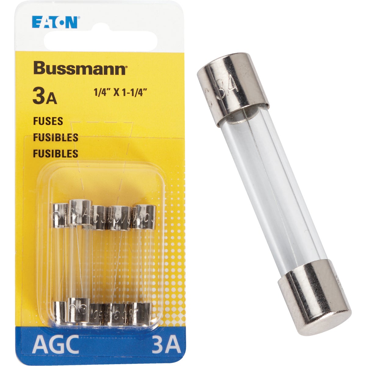 Bussmann 3A 250V AGC Glass Tube Automotive Fuse (5-Pack) Image 1