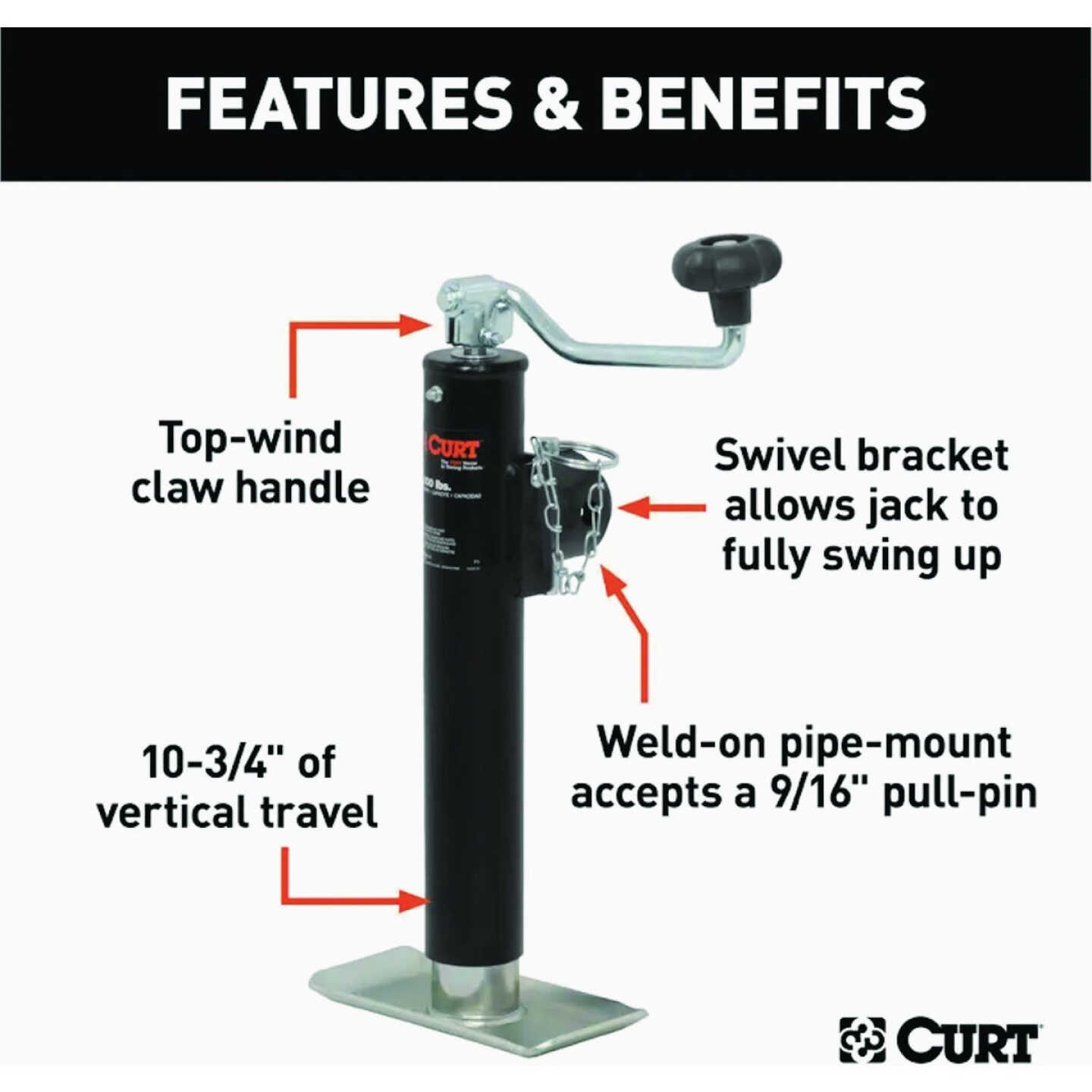 Curt 2000 Lb. Pipe-Mount Swivel Jack With Top Handle, 10 In. Travel Image 2