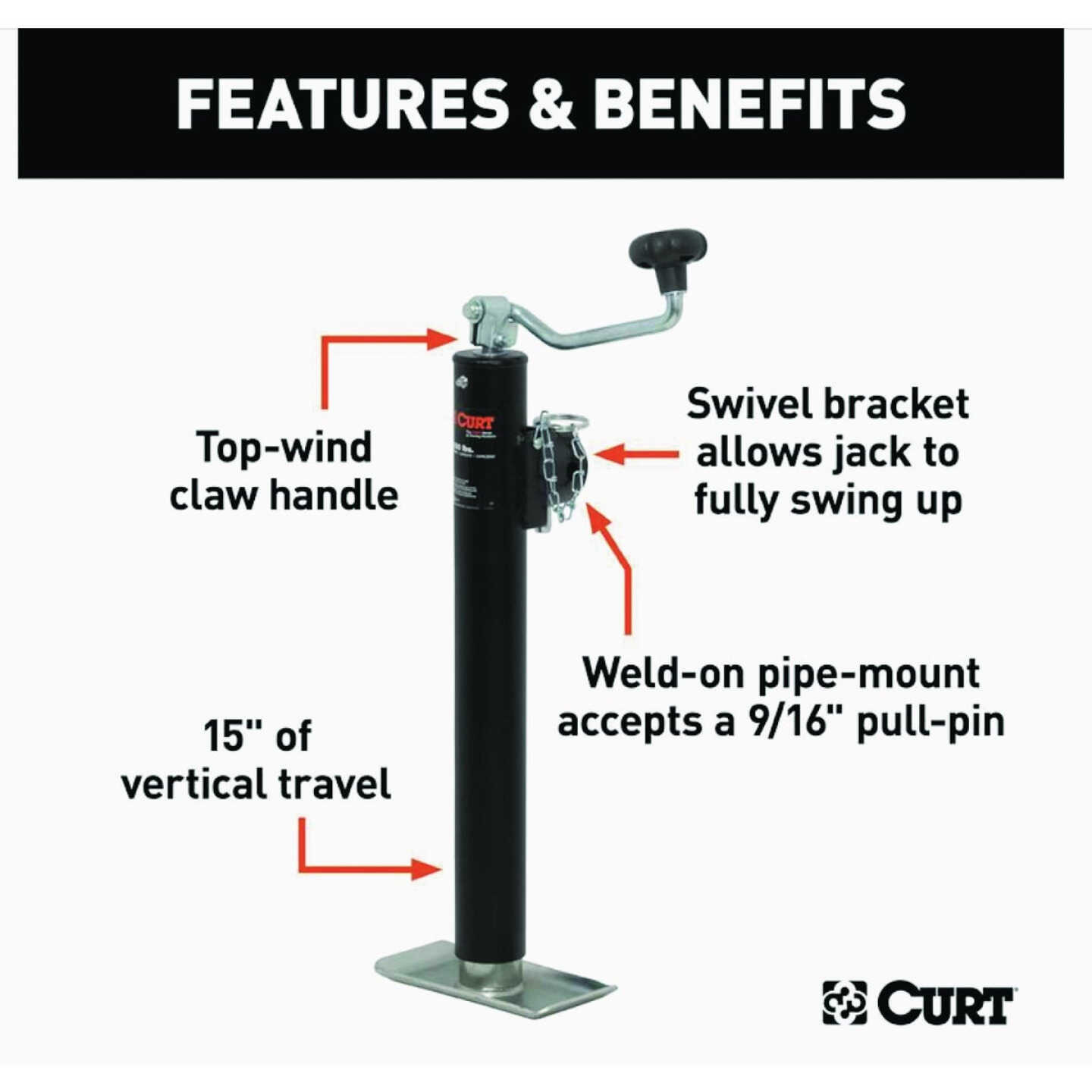 Curt 2000 Lb. Pipe-Mount Swivel Jack With Top Handle, 15 In. Travel Image 3