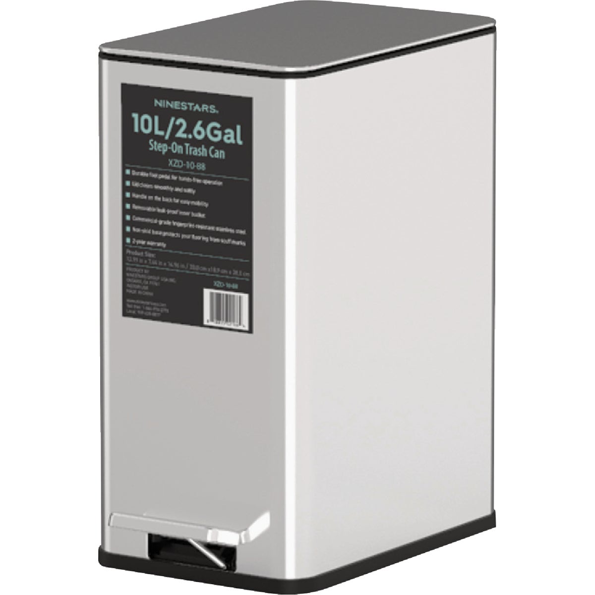 Ninestars 2.6 Gal. Slim Brushed Stainless Steel Pedal Trash Can Image 6