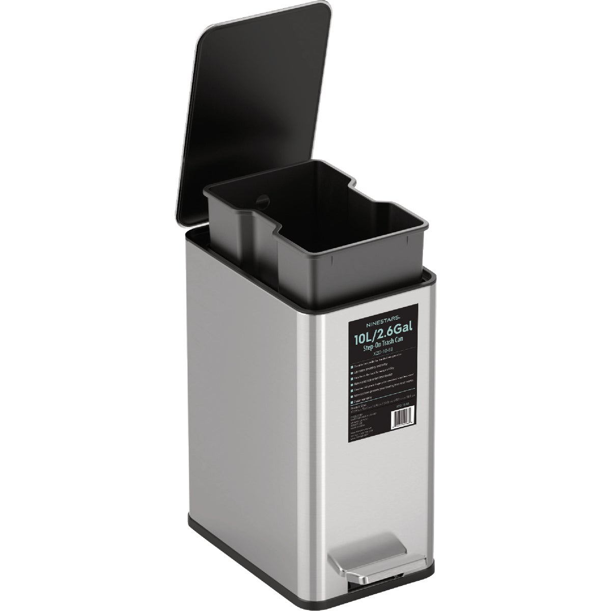 Ninestars 2.6 Gal. Slim Brushed Stainless Steel Pedal Trash Can Image 4