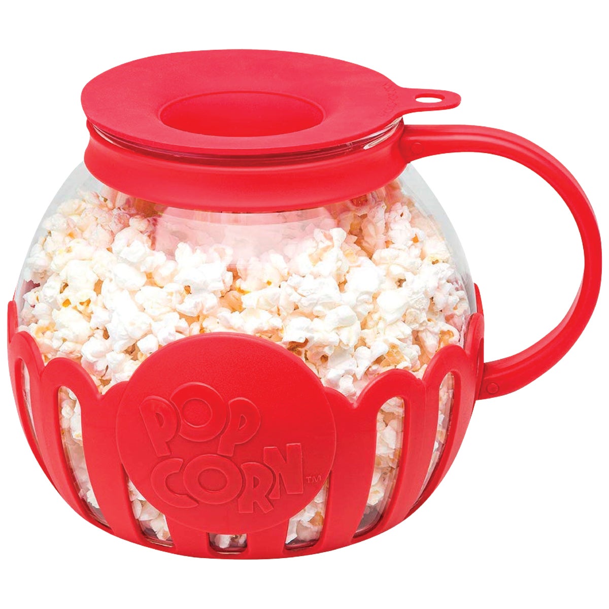 Micro-Pop 3 Qt. Glass Popcorn Popper For Microwave Use with Protective Holder and Dual Function Silicone Lid - Red