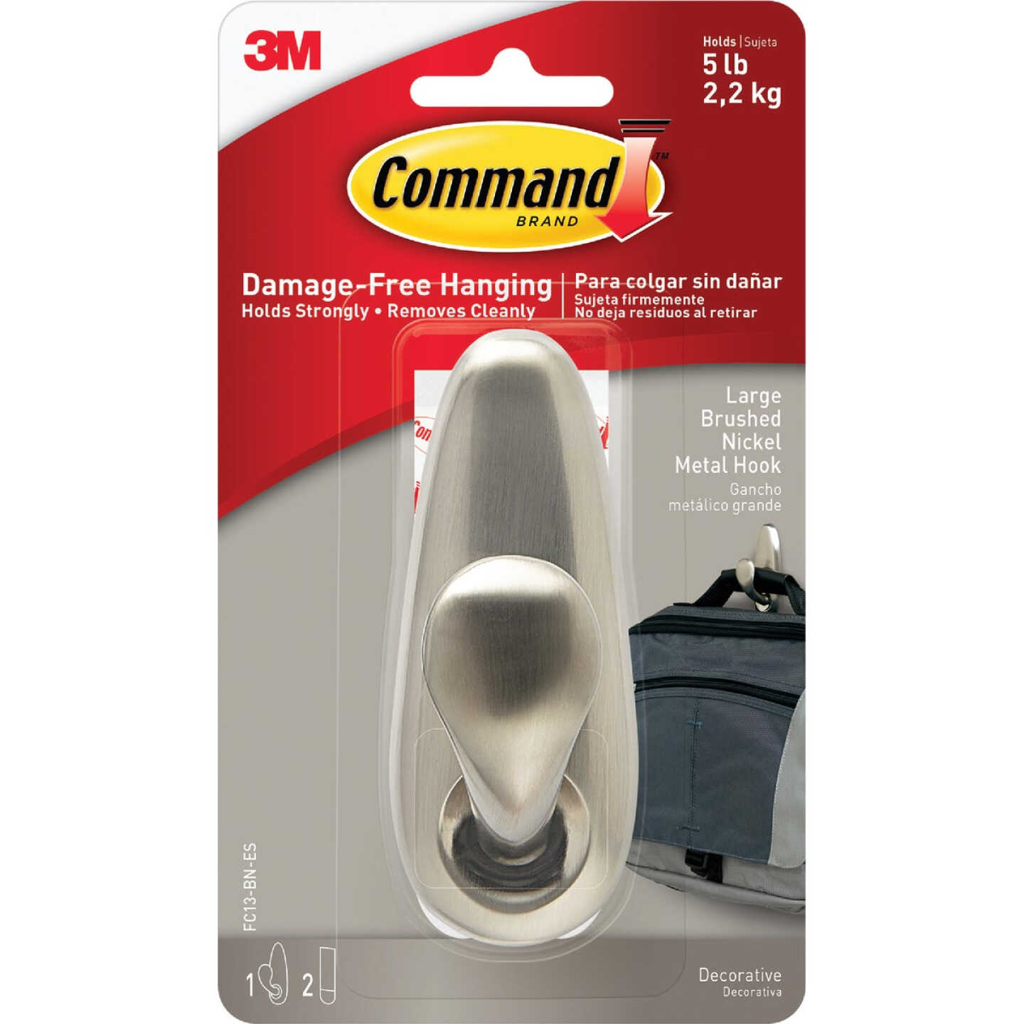 Command Large Forever Classic Hook, Brushed Nickel, 1 Hook, 2 Strips Image 2