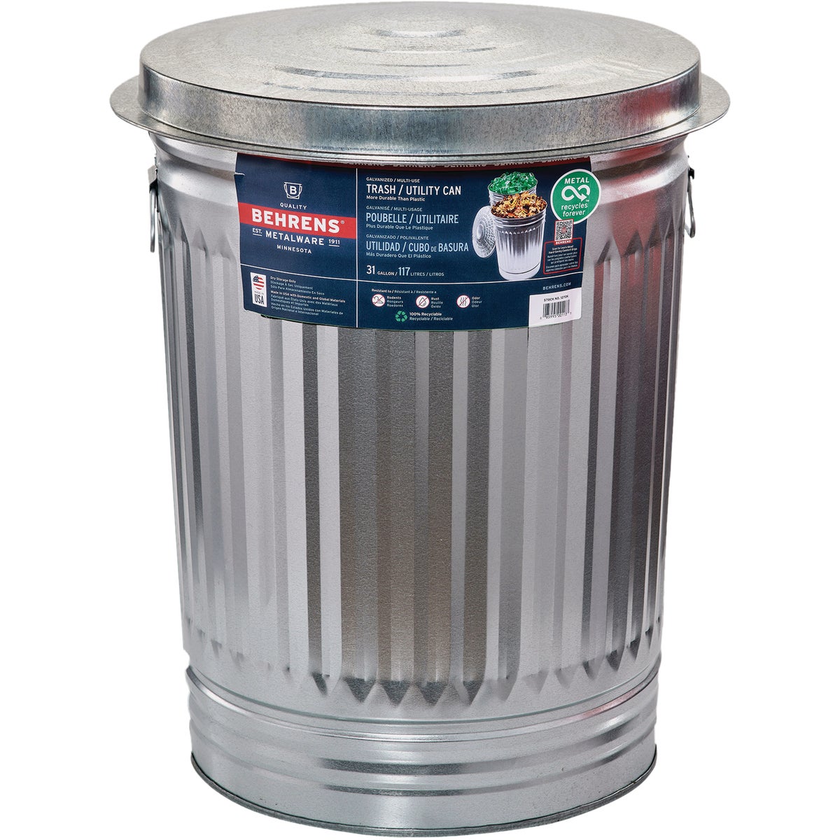 Behrens 31 Gal. Silver Trash Can with Lid Image 1