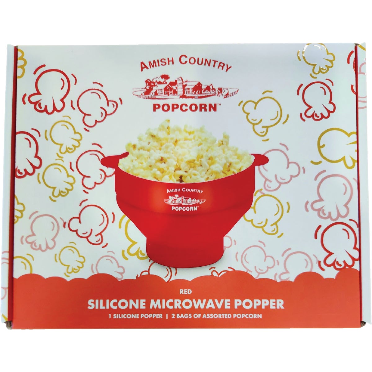 Amish Country Popcorn Red Silicone Microwave Popper with 2 Assorted Bags of Popcorn