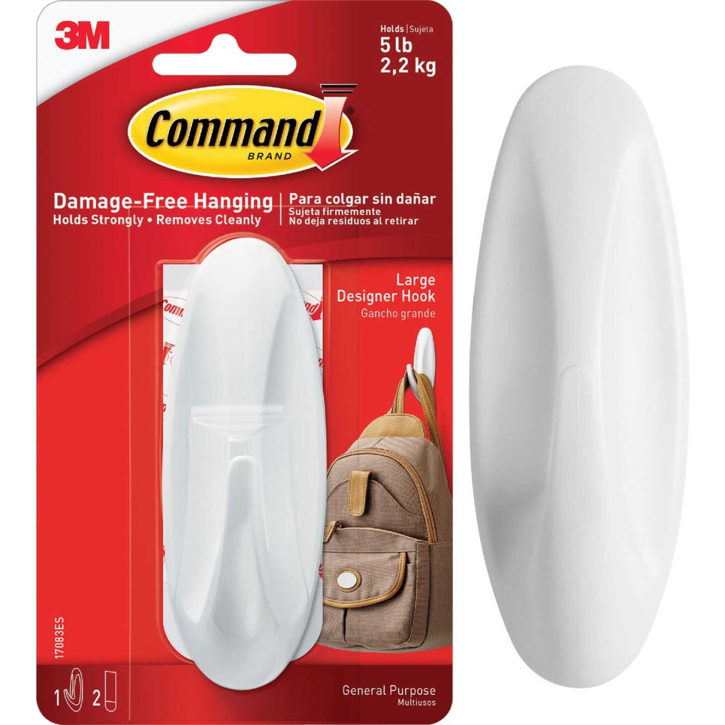 Command Large Designer Hook, White, 1 Hook, 2 Strips Image 1