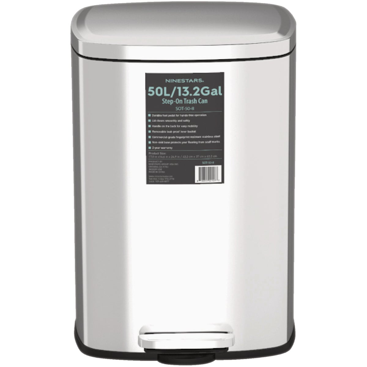 Ninestars 13.2 Gal. Stainless Steel Foot Pedal Trash Can