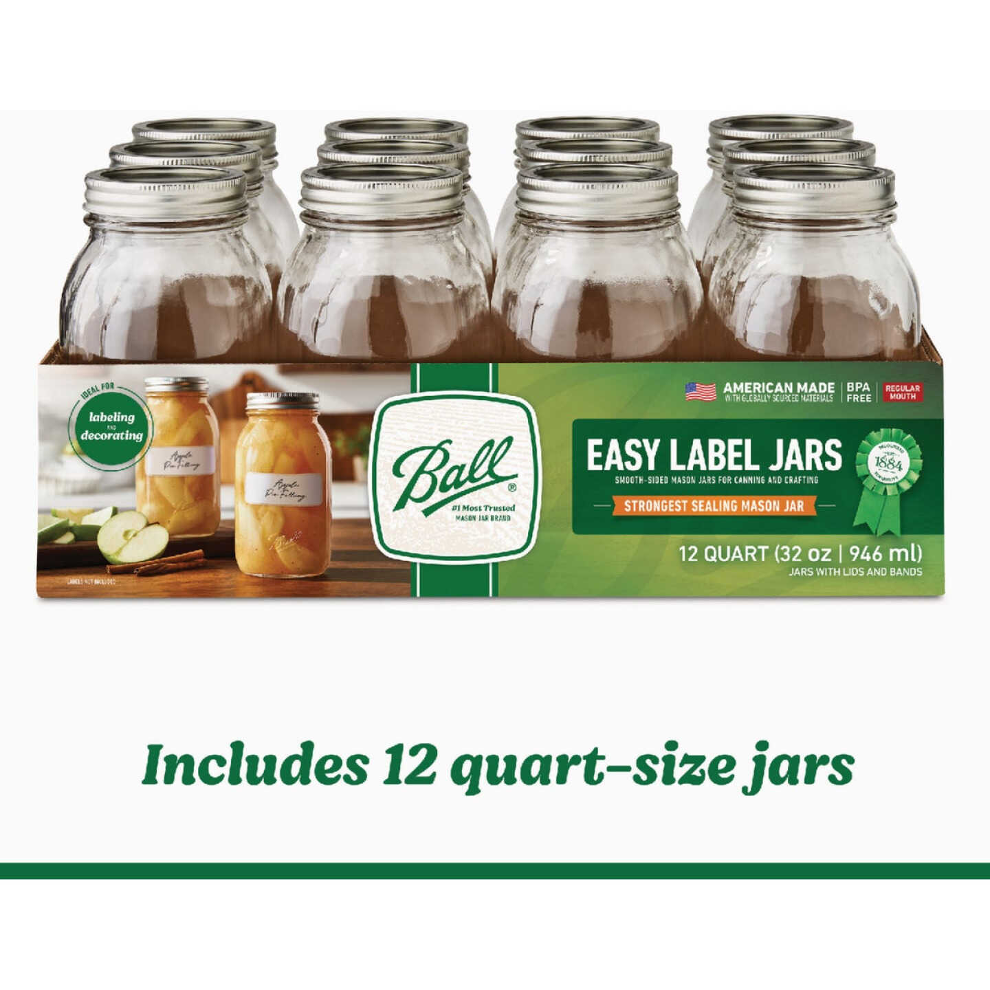 Ball 1 Qt. Easy-Label Regular Mouth Smooth-Sided Mason Jar (12-Count) Image 3