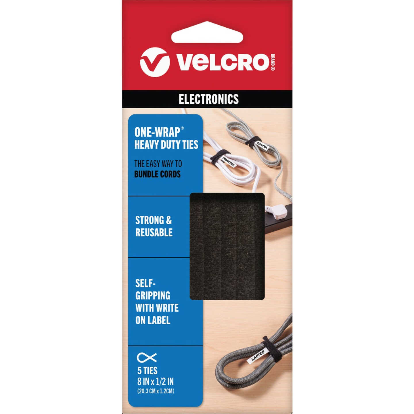 VELCRO Brand One-Wrap 1/2 In. x 8 In. Black Hook & Loop Tie (5 Ct.) Image 1