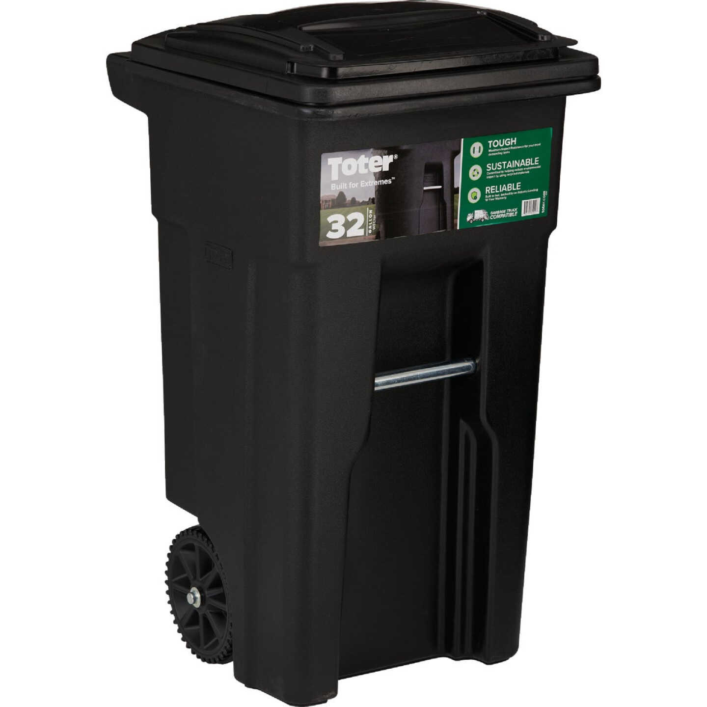 Toter 32 Gal. Black Outdoor Trash Can With Attached Lid and Wheels Image 1