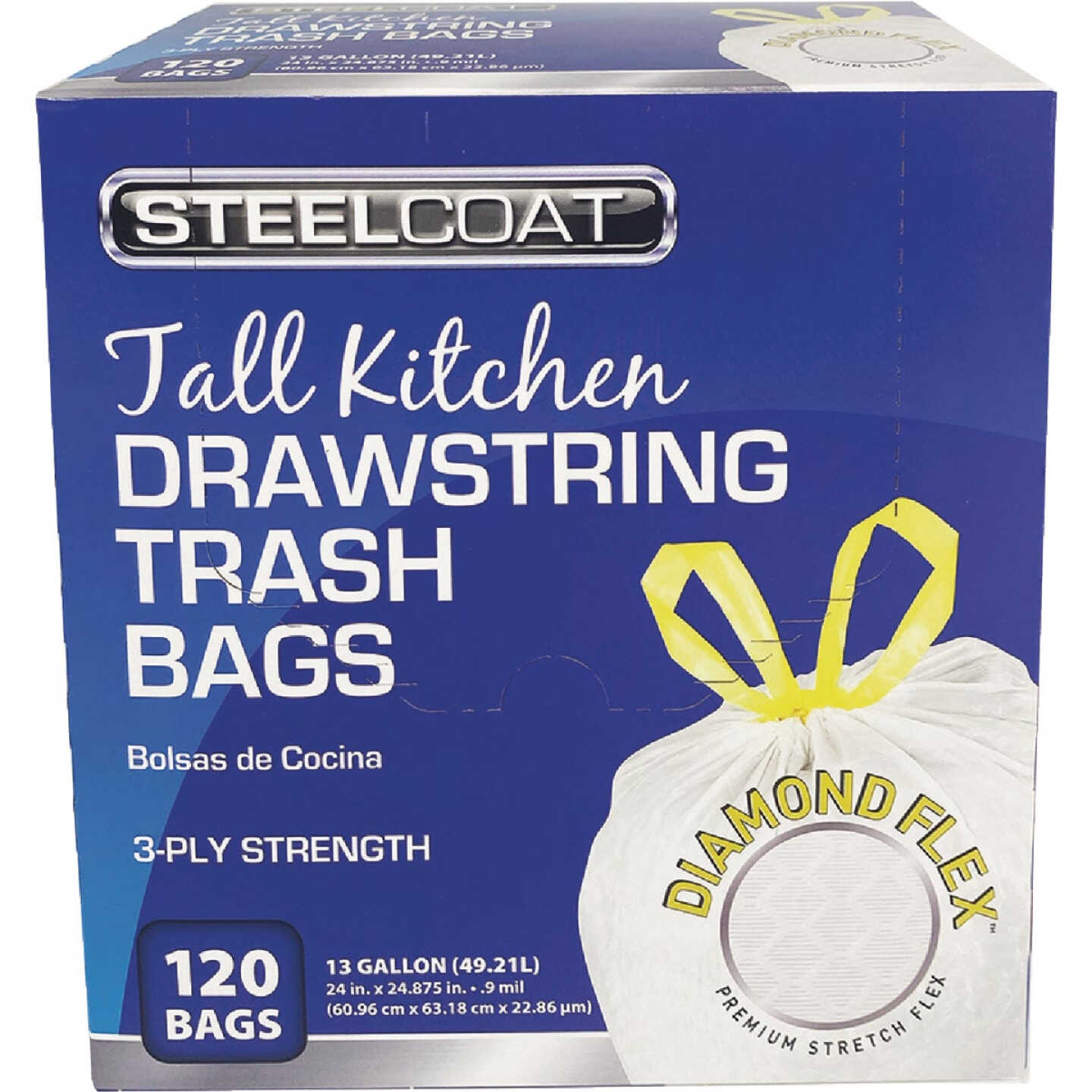 Steelcoat Diamond Flex 13 Gal. Unscented Tall Kitchen White Drawstring Trash Bag (120-Count) Image 1
