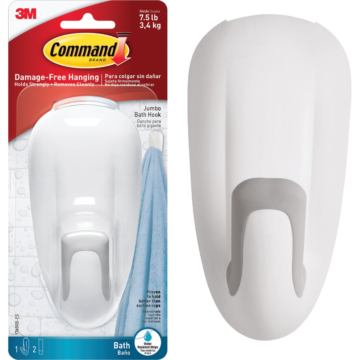 Command Jumbo Bath Hook, White, 1 Hook, 2 Strips Image 1