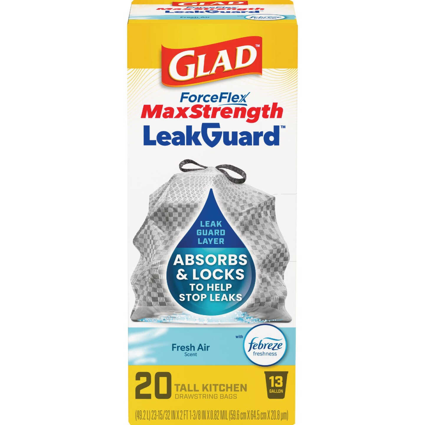 Glad 13 Gal. ForceFlex MaxStrength LeakGuard Tall Kitchen Drawstring Trash Bags, Fresh Air Scent (20-Count) Image 1