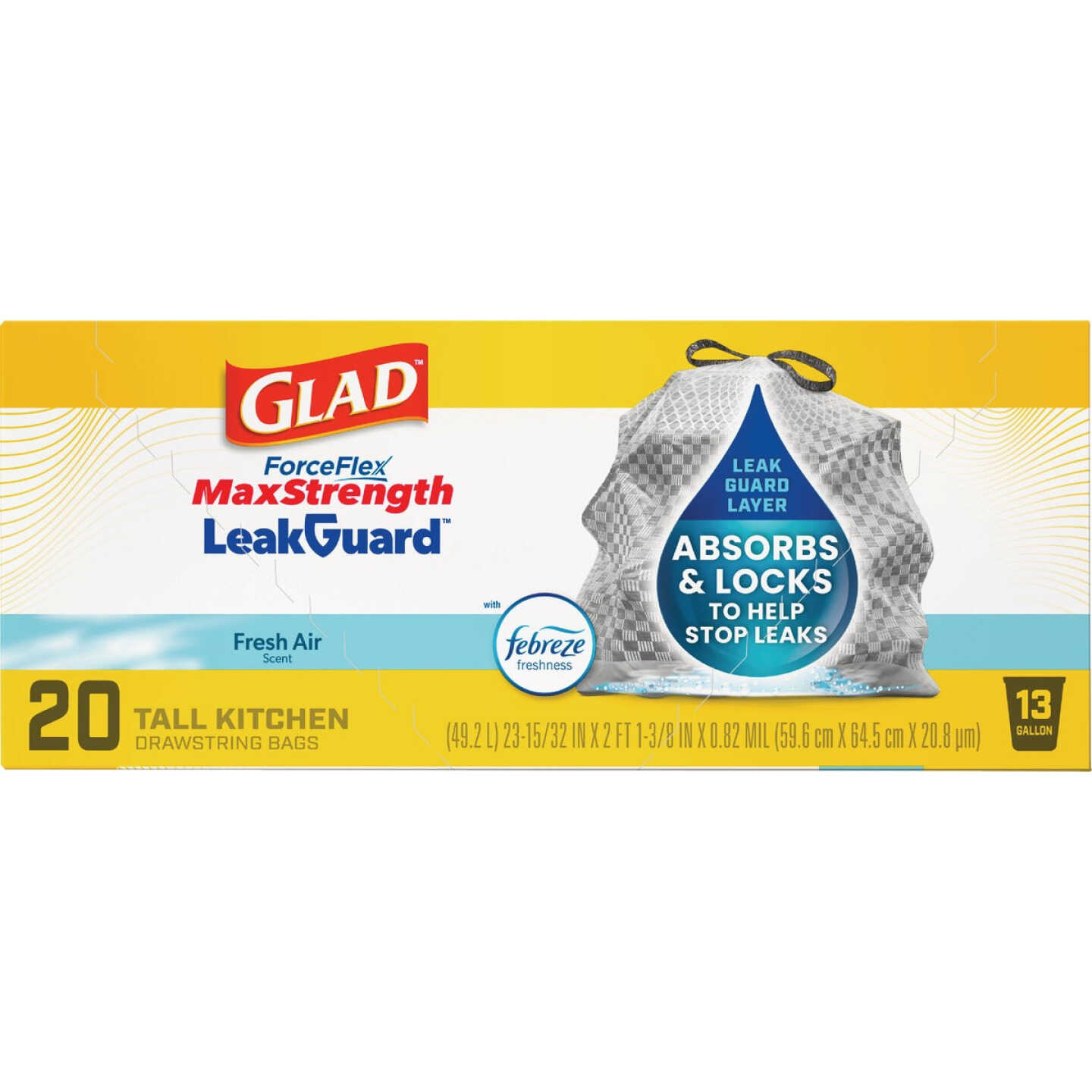 Glad 13 Gal. ForceFlex MaxStrength LeakGuard Tall Kitchen Drawstring Trash Bags, Fresh Air Scent (20-Count) Image 5
