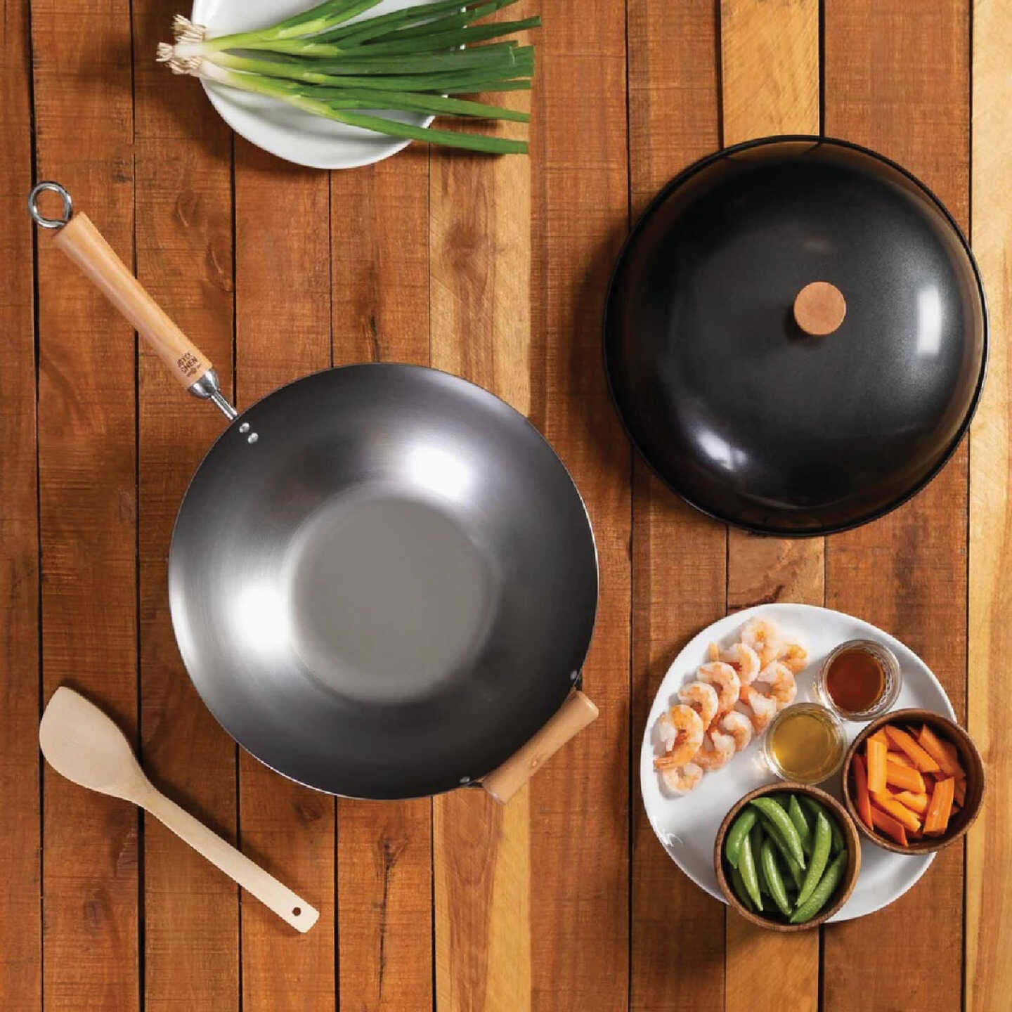 Joyce Chen Classic Series 14 In. Uncoated Carbon Steel Flat Bottom Wok Set with Lid and Birch Handles (4-Pc.) Image 2