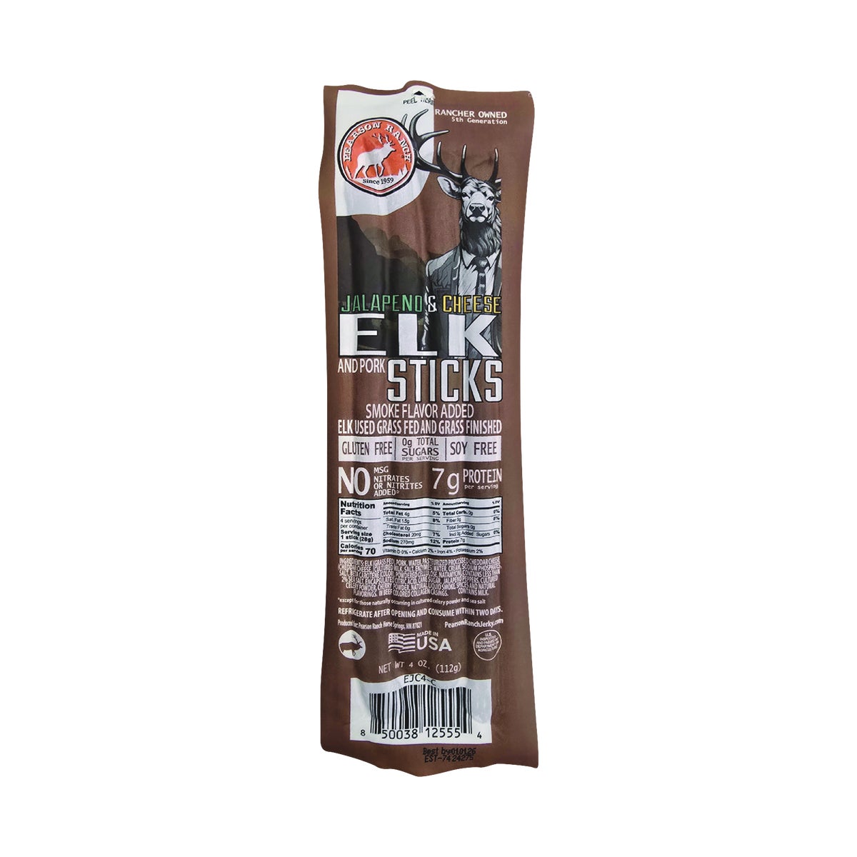 Pearson Ranch Jerky 4 Oz. Elk Jalapeno Cheese Snack Stick Image 1