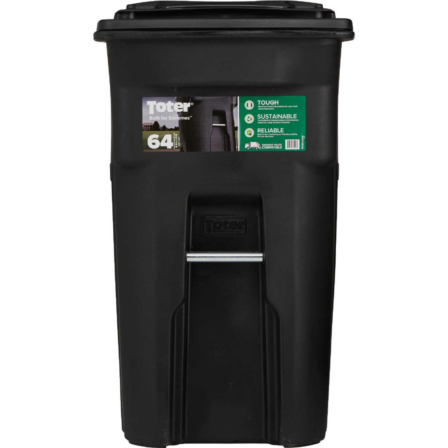 Toter 64 Gal. Black Outdoor Trash Can With Attached Lid and Wheels Image 2