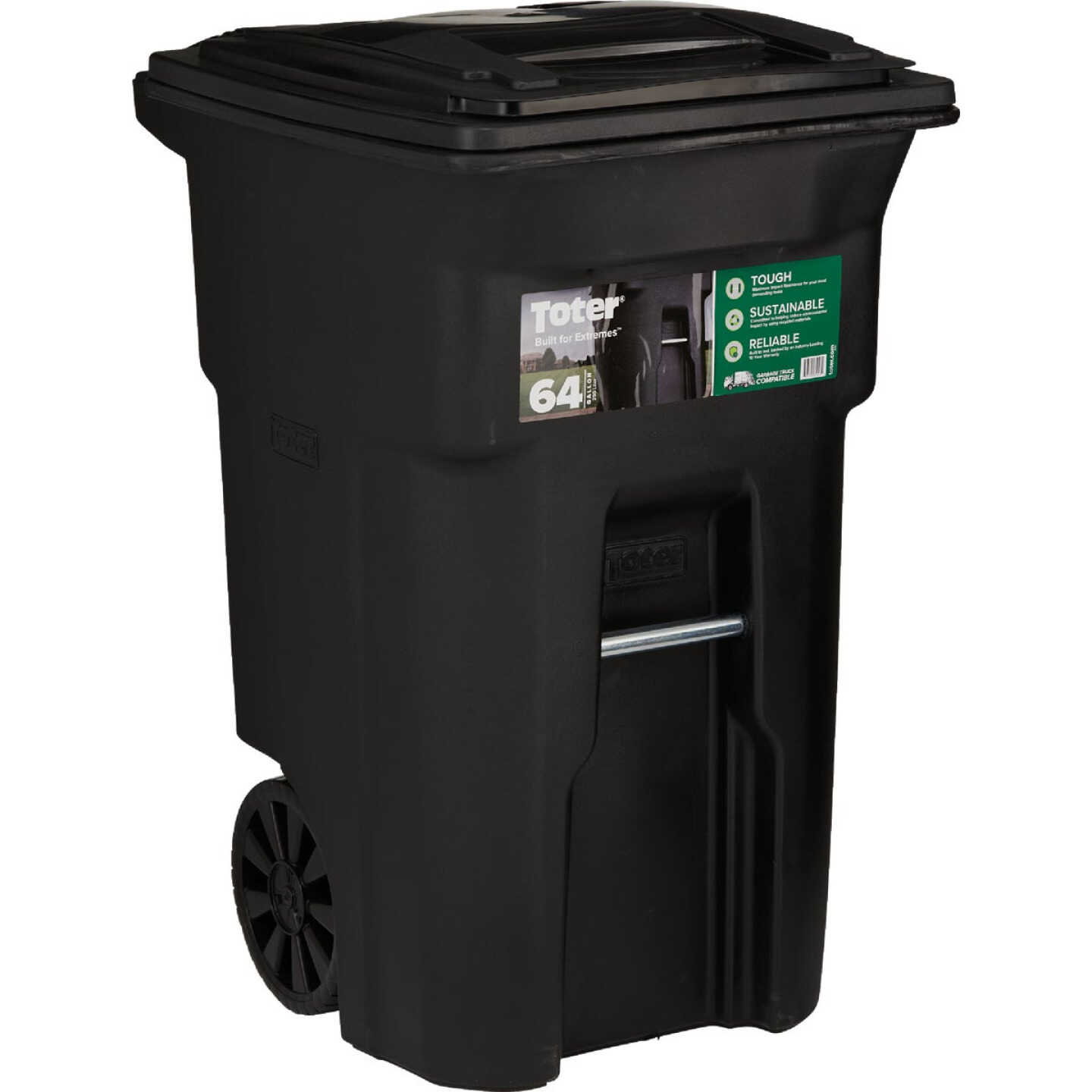 Toter 64 Gal. Black Outdoor Trash Can With Attached Lid and Wheels Image 1