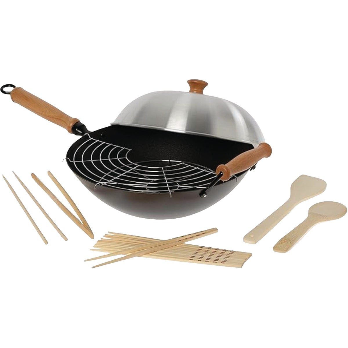 Joyce Chen Professional Series 14 In. Carbon Steel Excalibur Nonstick Flat Bottom Wok Set with Lid and Maple Handles (10-Pc.)