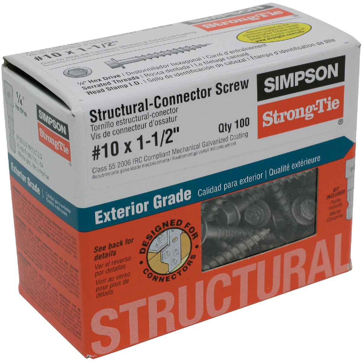 Strong-Drive SD CONNECTOR Screw  #10 x 1-1/2 in. 1/4-Hex Drive, Mech. Galv. (100-Qty)