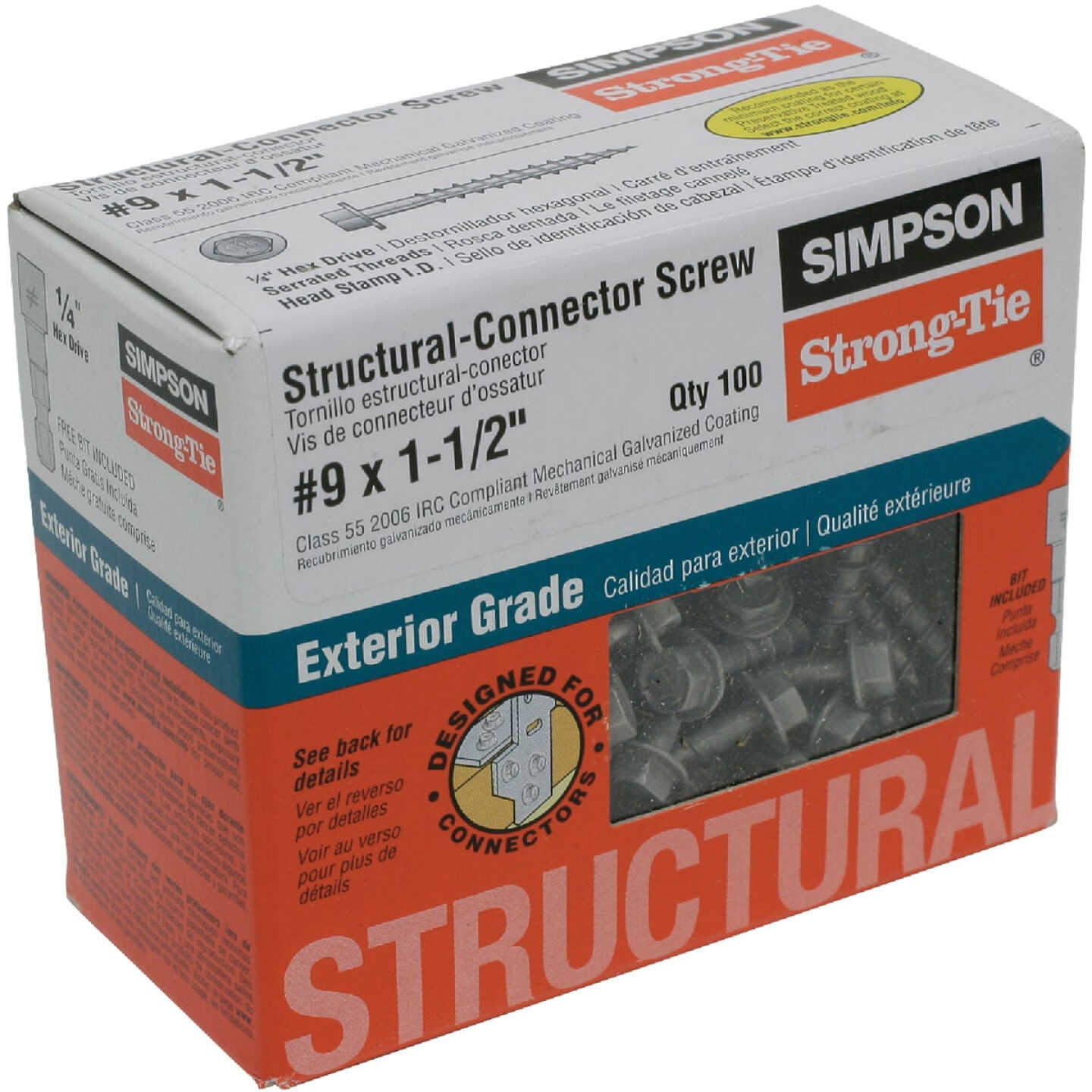Strong-Drive SD CONNECTOR Screw #9 x 1-1/2 in. 1/4-Hex Drive, Mech. Galv. (100-Qty) Image 1