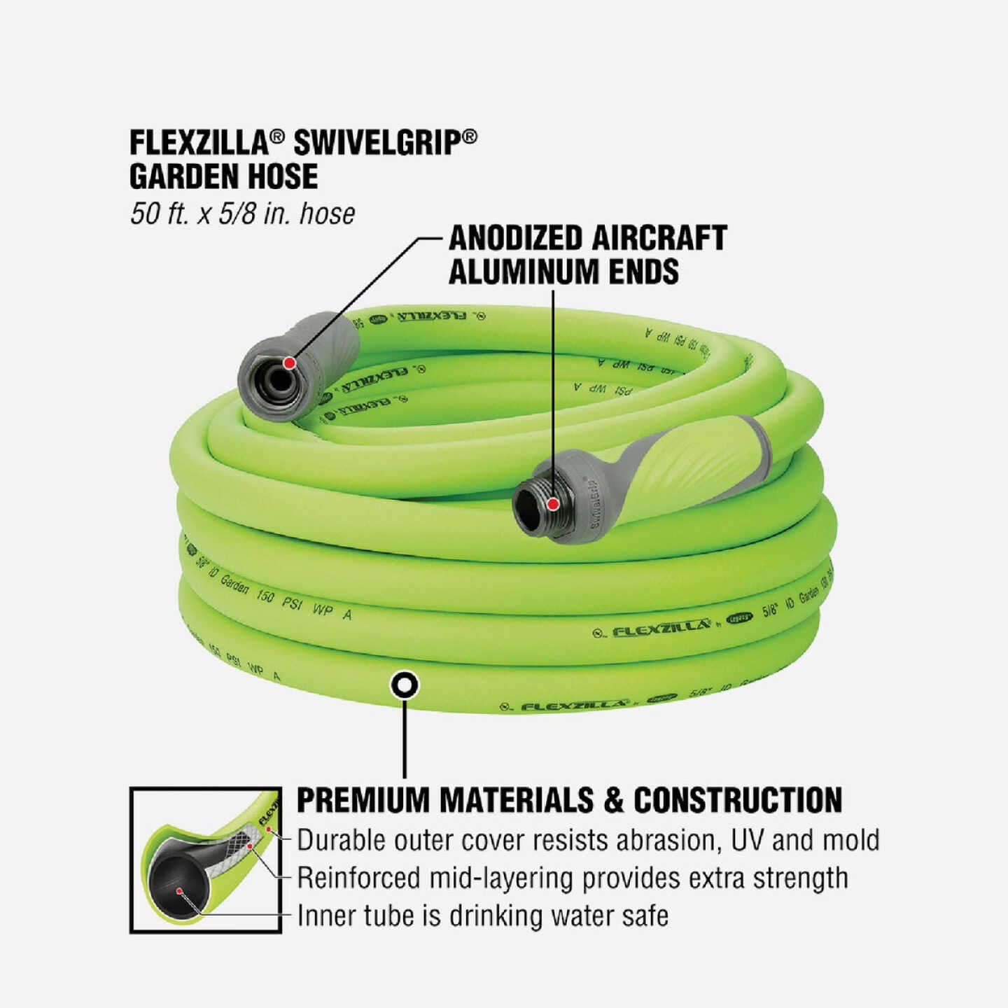Flexzilla 5/8 In. Dia. x 50 Ft. L. Drinking Water Safe Garden Hose with SwivelGrip Connections Image 3